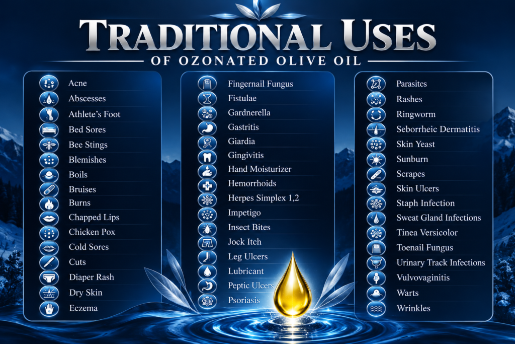 EarthOnated infographic showing traditional uses of ozonated olive oil for skin care, from acne to wrinkles.