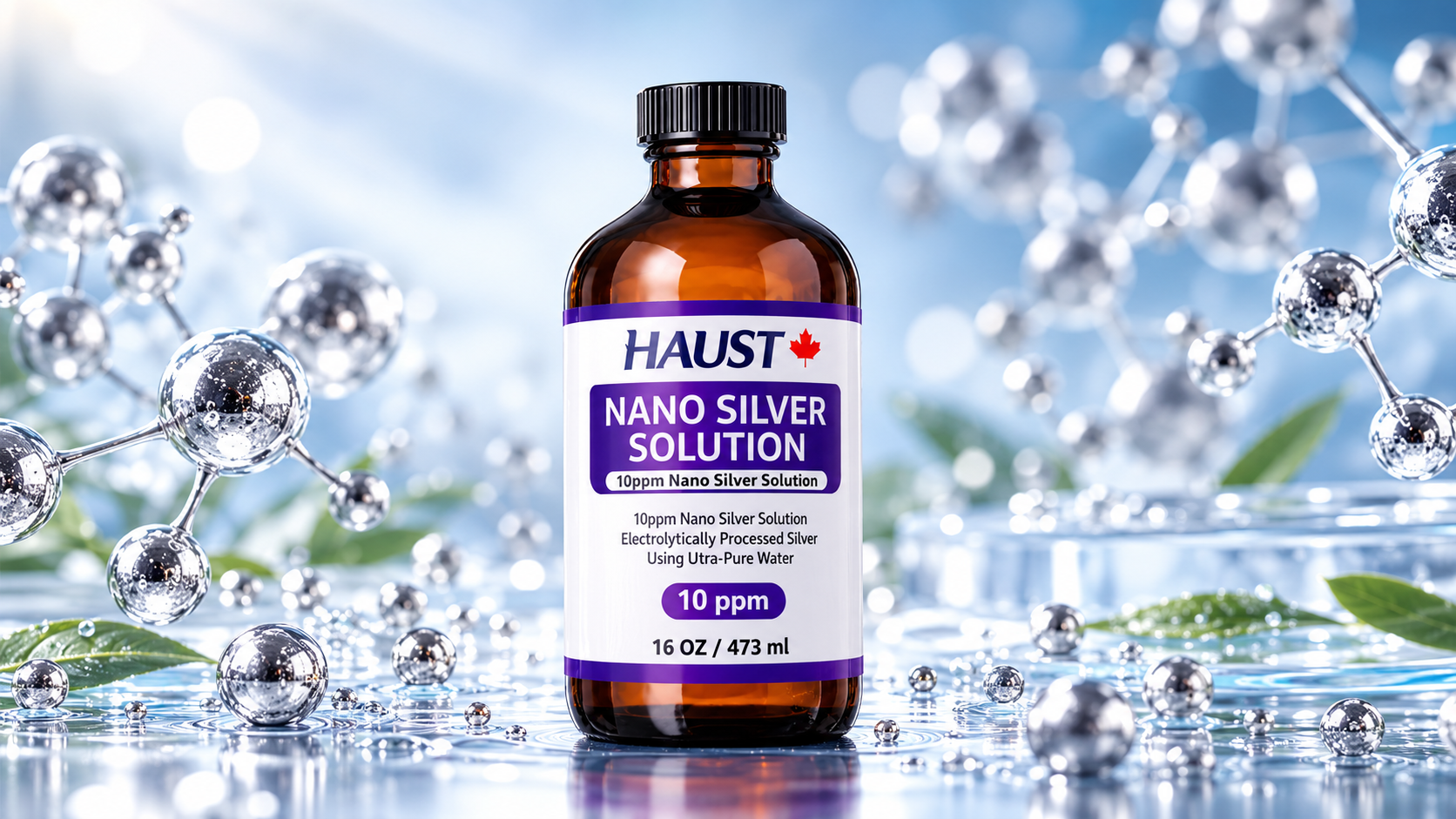 HAUST Nano Silver Solution 10 PPM bottle with a blue and silver scientific background