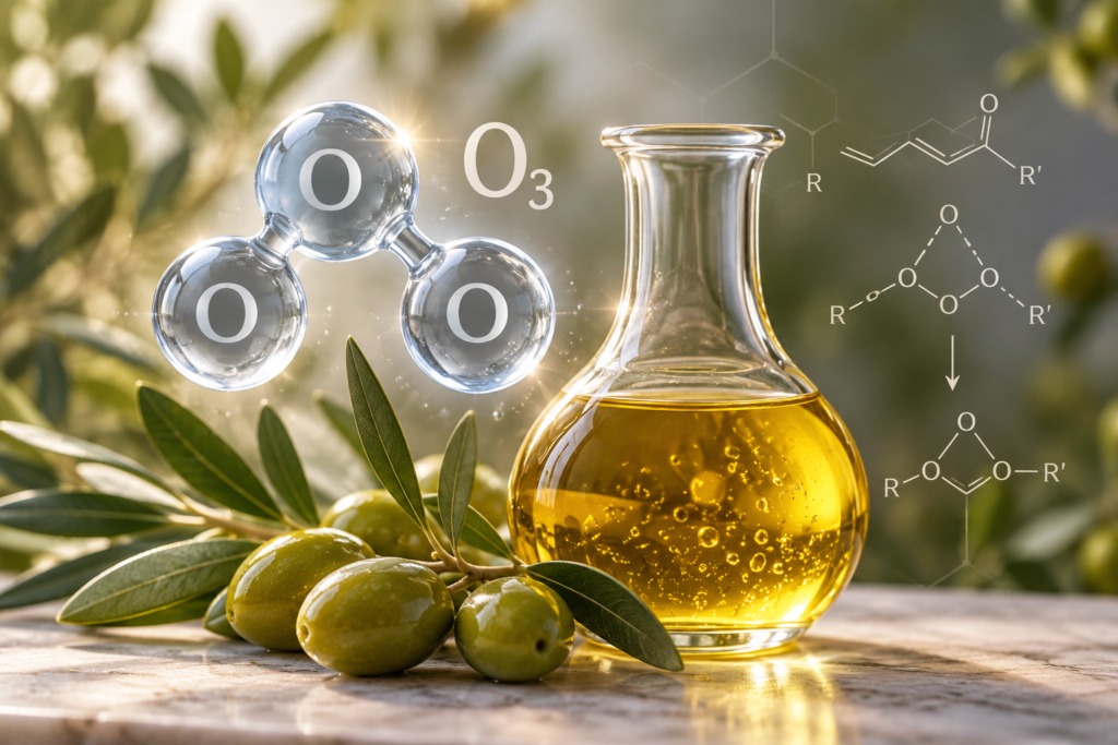 Ozonated olive oil science illustration showing O₃ molecules, golden olive oil, and chemical structures.